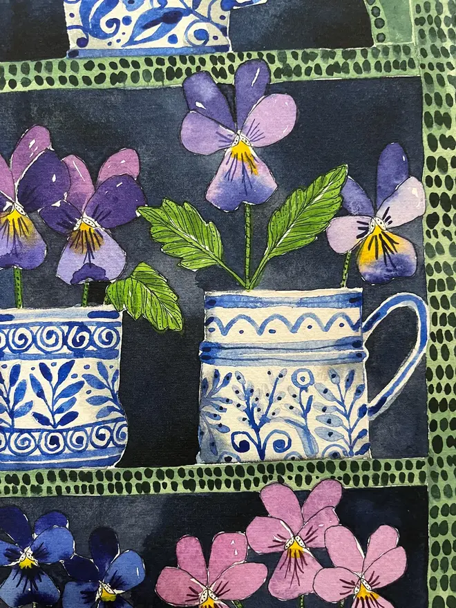 violas in delftware, ceramic cups & mugs print