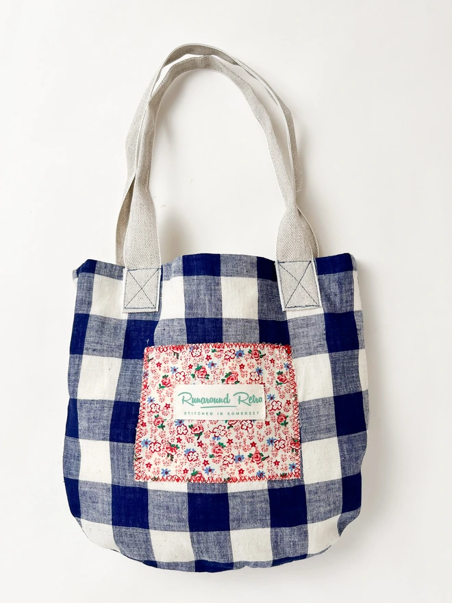 Blue gingham Bag with vintage fabric patch