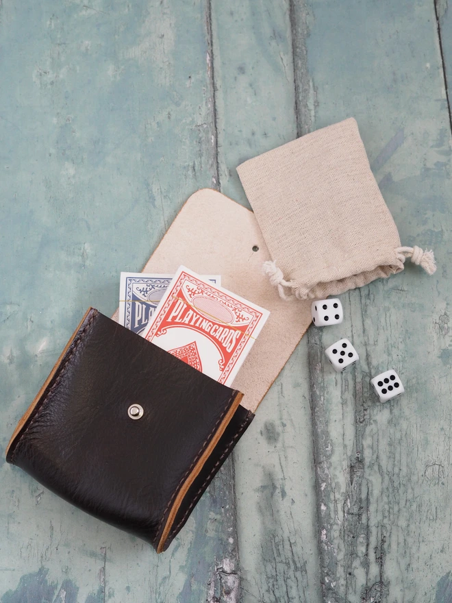 Personalised Leather Playing Card and Dice Holder. Hand dyed dark brown leather case, carrying two decks of playing cards and 6 dice.
