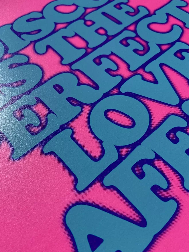 "Disco Is The Perfect Love Affair" Mini Screen Print with pink background and the words disco is the perfect love affair printed on top in blue 