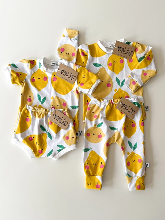 smiley lemons print leggings, t-shirt, shorties for babies, toddlers, kids