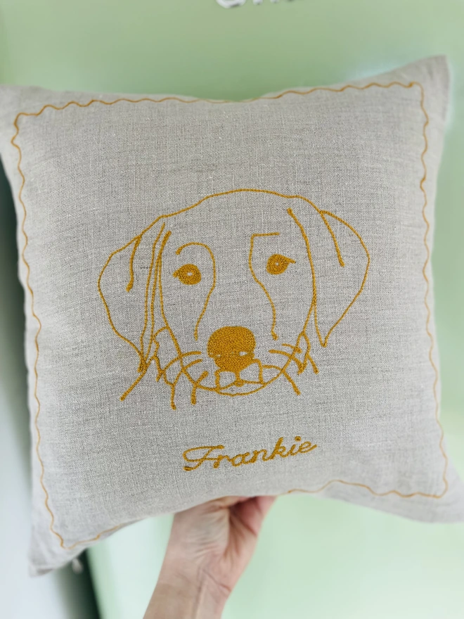 frankie dog portrait mustard embroidered natural linen cushion