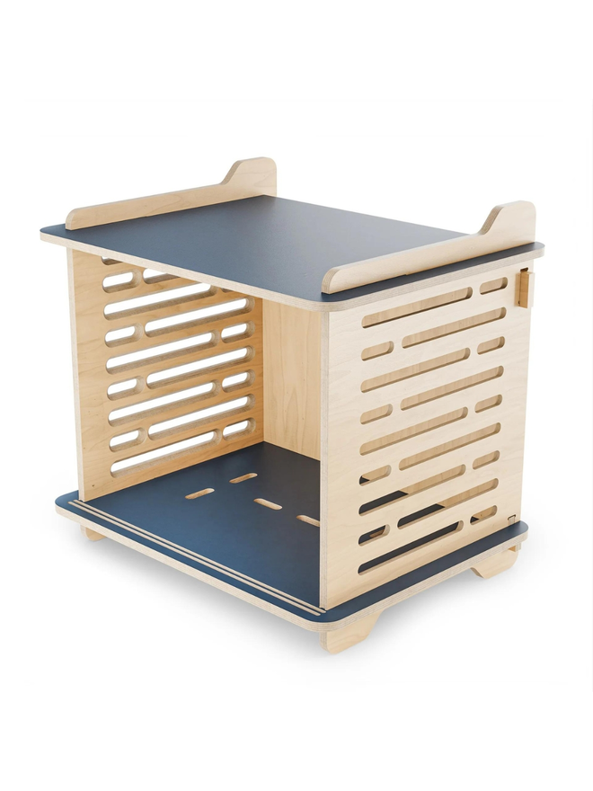 wooden blue top dog crate side view interior