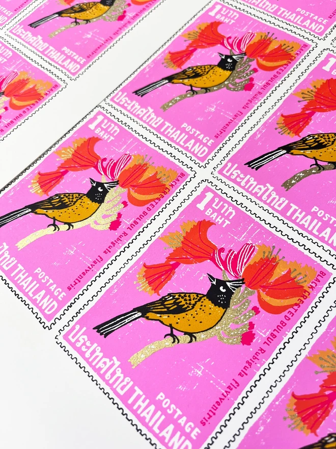Bird Stamp Card Thailand Black Crested Bulbul, a group of white cards with colourful bird designs in the centre.