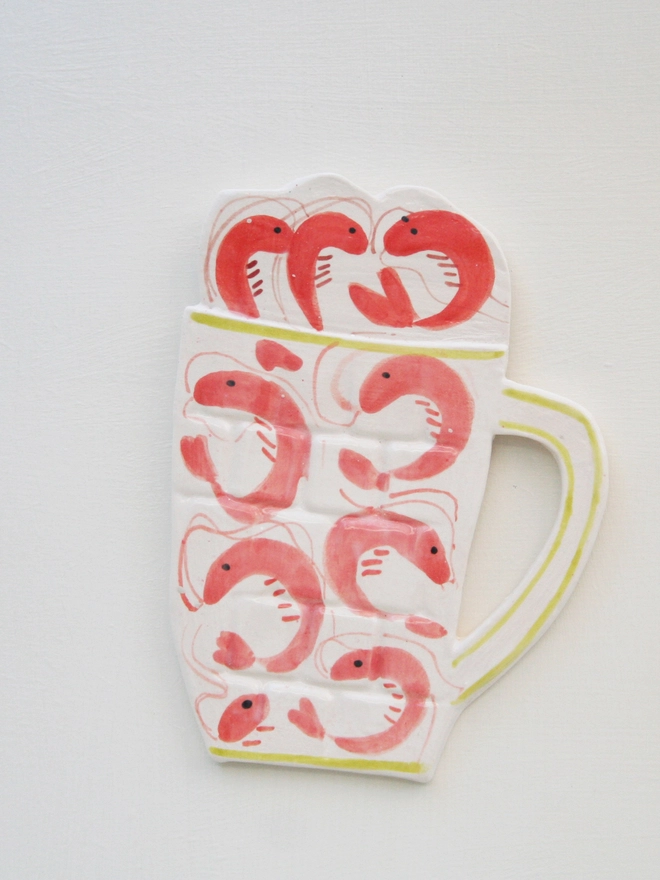 handmade ceramic wall art, seaside, ship in bottle, prawns, ceramic prawns, ceramic, crab band, wall hanging, fun ceramics