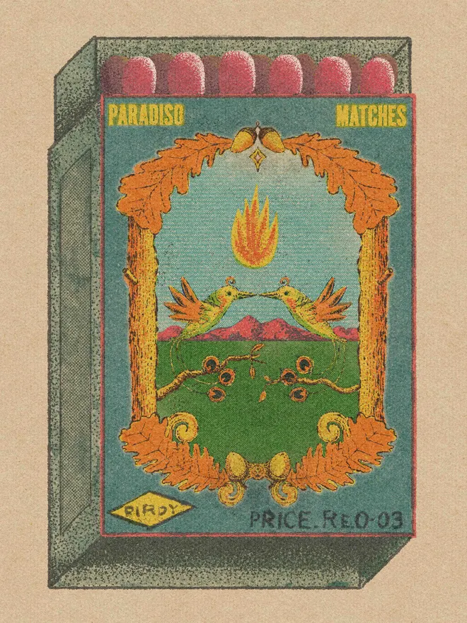 Step into a dreamlike vintage world with Paradiso Matches – Birdy, a richly detailed print inspired by old matchbox labels and folk-art iconography. Two mirrored birds hover mid-air beneath a floating flame, framed by curling vines, golden leaves, and distant rose-colored mountains. The composition feels symbolic and timeless—part love story, part talisman.  Muted greens and sky blues contrast with warm ochres and reds, all layered with a soft, grainy texture that evokes antique printing and quiet nostalgia. Equal parts playful and mystical, this artwork invites slow looking and rewards it with intricate detail and balance.  Perfect for collectors of vintage-inspired art, nature lovers, or anyone drawn to symbols of connection, warmth, and spark.  Details  High-quality art print with textured, vintage-style color  Inspired by classic matchbox design and folk illustration  Calm yet vibrant palette with strong graphic presence  Ideal for living spaces, bedrooms, or creative studios  Carefully packaged for safe delivery