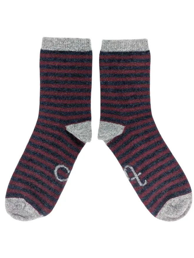 Women's Organic Cotten Striped Ankle Socks, a pair of striped ankle socks sitting on a plain white surface. 