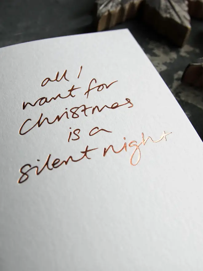 all i want for christmas is a silent night white christmas card metallic script