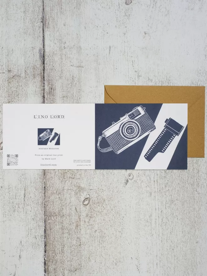 Greeting Card with an image of an Olympus Trip And A Roll Of Film, taken from an original lino print