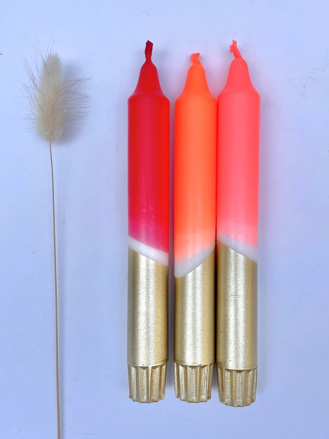 Red, Orange, Coral & Gold Dip Dyed Dinner Candles (Set Of 3)