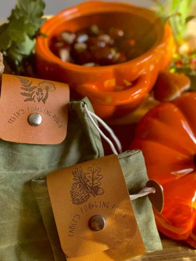 Personalised Foraging Drawstring Canvas Pouch, placed on a table. 