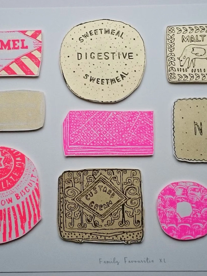 Family Favourites XL A3 Biscuit Screenprint, a collection of colourful biscuit designs on a white screenprint. 