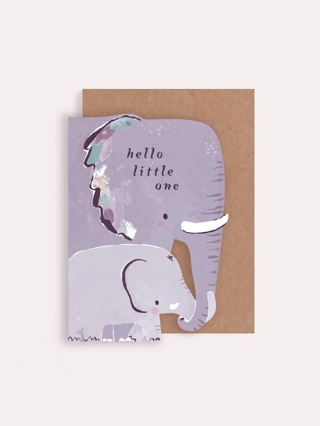 Elephant New Baby Card shown with its kraft envelope