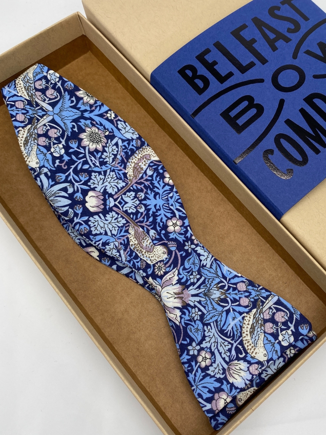 Navy Blue Strawberry Thief Self-Tie handmade by the Belfast Bow Company 