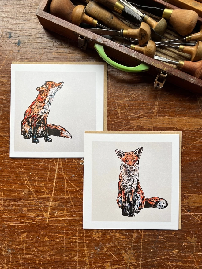 pair of fox art cards