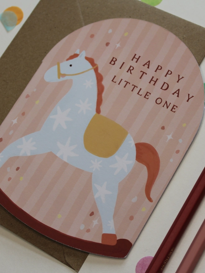 Happy birthday little one rocking horse arch shape card