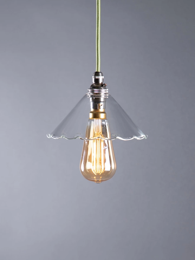 Clear Frilled Glass Pendant Light with Squirrel Cage Light Bulb