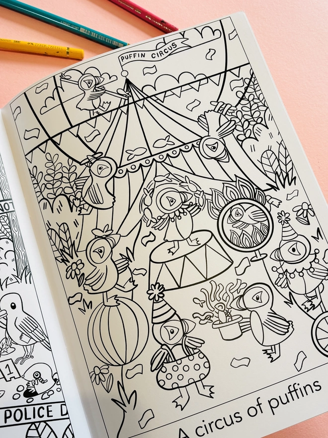 A page from the crown of kingfishers collective noun colouring book of a ‘circus of puffins’