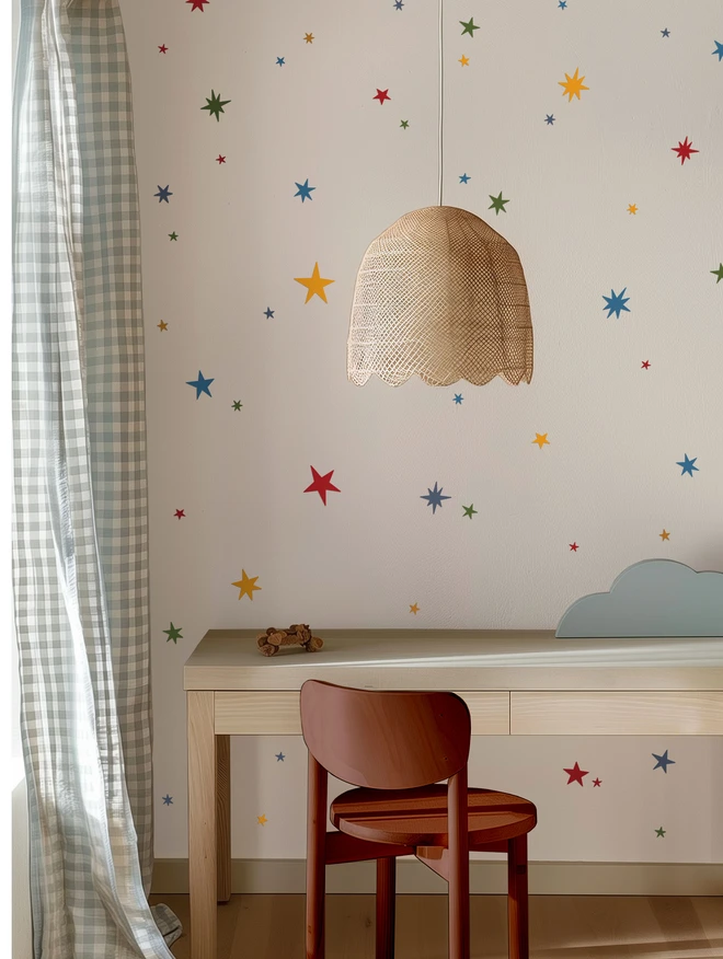 Ducks In A Row POW Fabric Star Wall Stickers in boys bedroom with desk chair and light shade