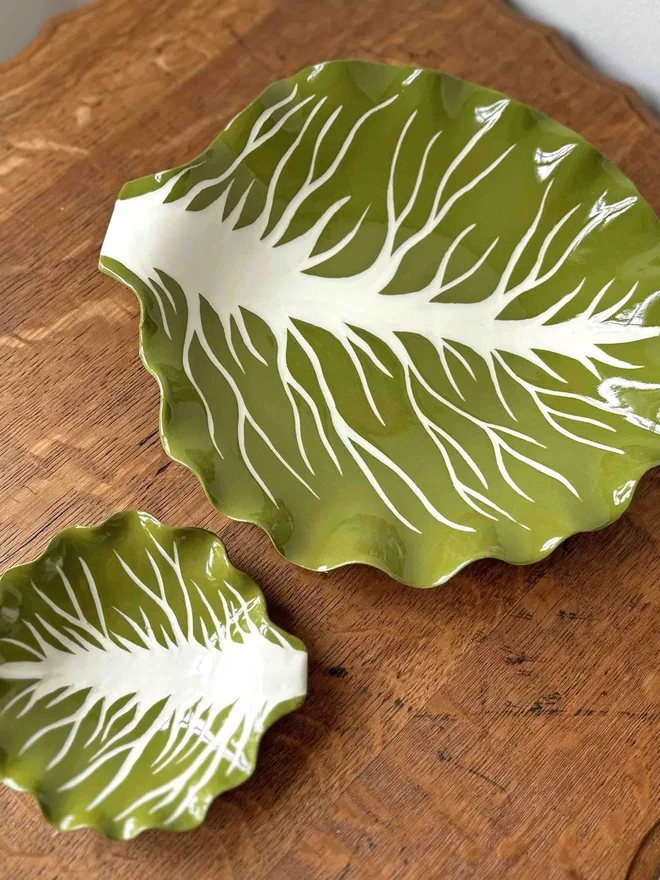 light green cabbage style ceramic serving bowls