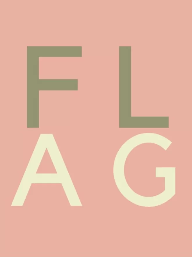 Logo saying flag with a peach background.