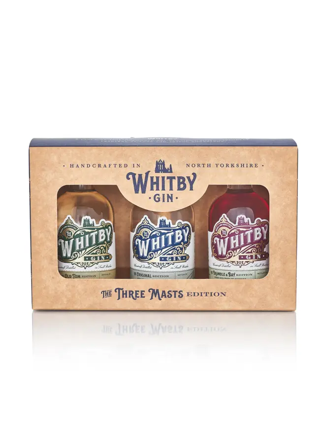 Whitby Distillery Three Masts Gift Box (Set Of 3), a box of gin sitting on a plain white surface. 