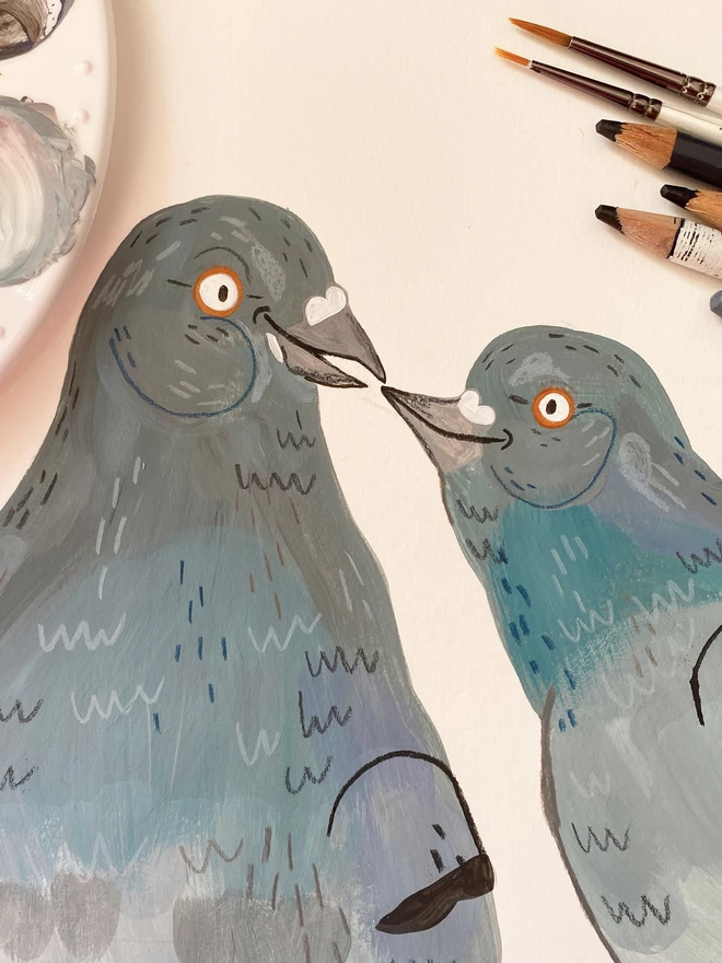 Hand painted illustration of two pigeons in love 