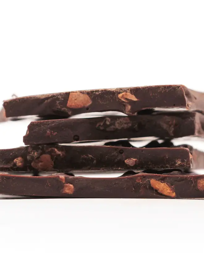Cox&Co Sharing Shards Pouch - Raw Cacao Nibs, some chocolate shards sitting on a white surface. 