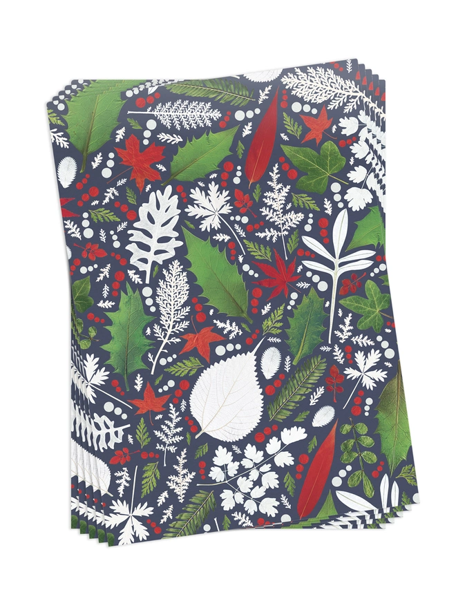 Gift Wrap Pack of 5 Folded sheets in a Pressed Winter Leaf Christmas Design.