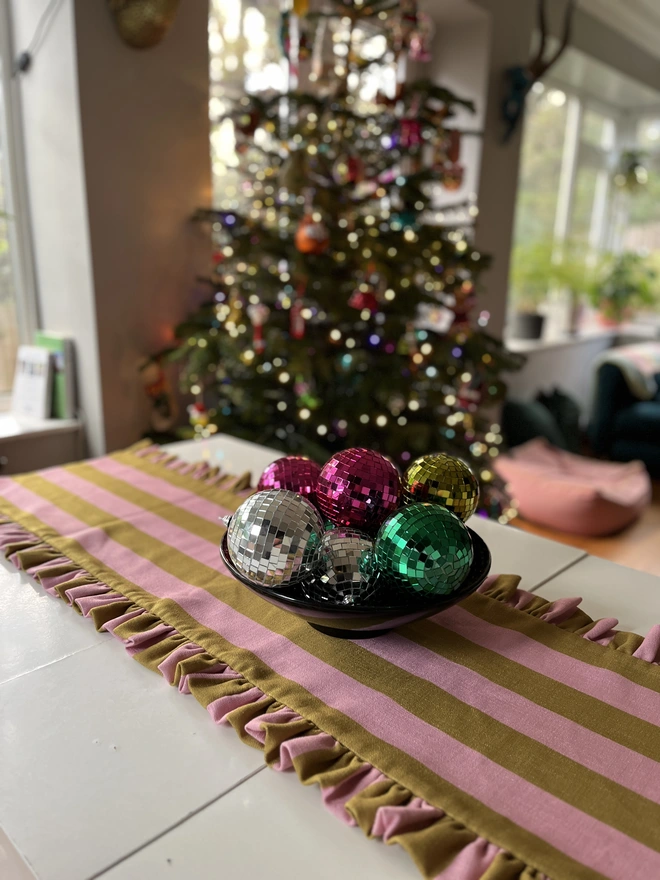 pink and olive stripe ruffled table runner 