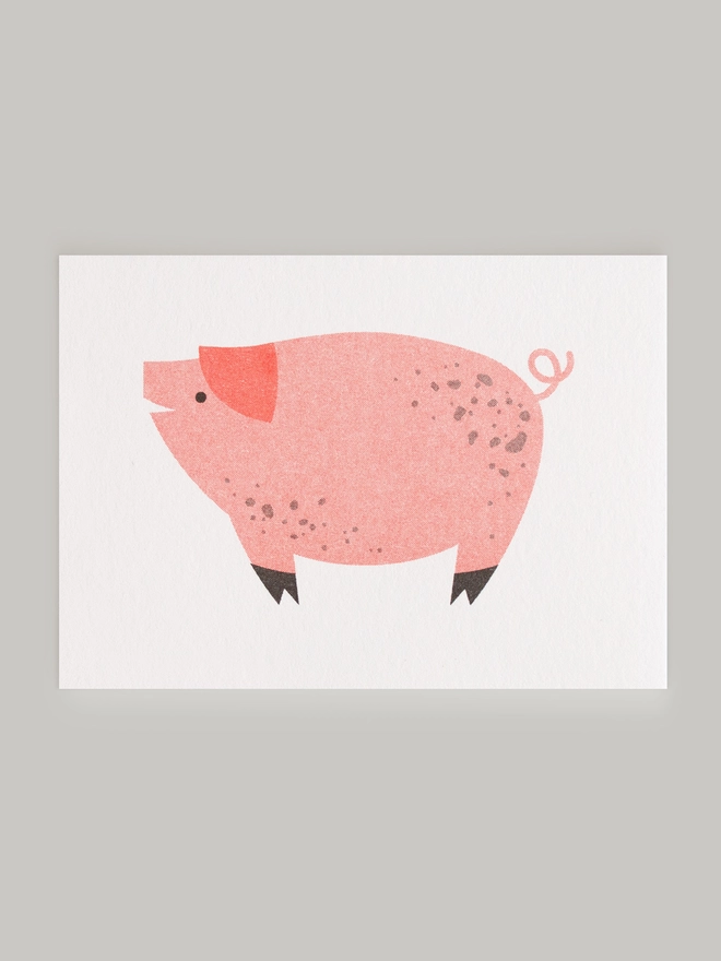 A sweet little pink pig with a delightfully curly little tail is risograph printed in vibrant colour on the front of this mini greeting card. Each card comes complete with a contrasting envelope and is blank inside.