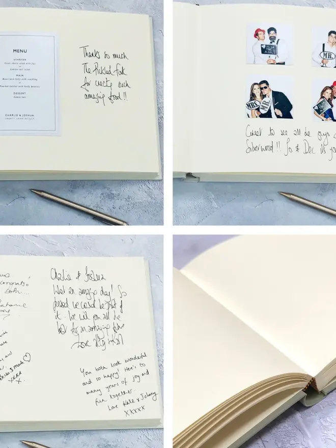 A Personalised Large Landscape Wedding Guest Book, lying open to show pictures and notes. 