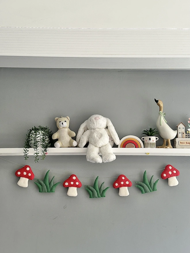 Nursery Garland with Toadstools and Grass, Kids Decoration, Playroom Bunting, Child’s Room Banner