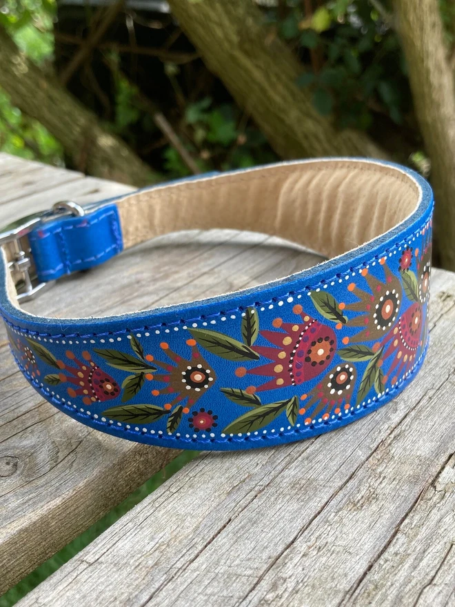 blue floral hand painted leather dog collar