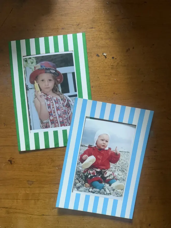 Thin Striped Screen Printed A6 / A5 / A4 Photo Mount. green and blue mounts pictured on wooden table.