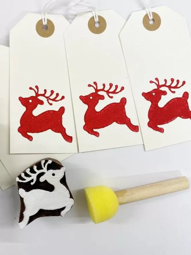 Indian Block Printing Kit - Small Leaping Reindeer Gift Tags