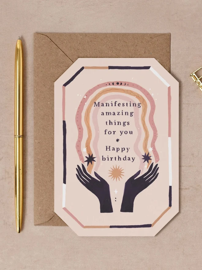 Manifesting Birthday Card with a kraft envelope, gem-shaped birthday card with silhouette hands