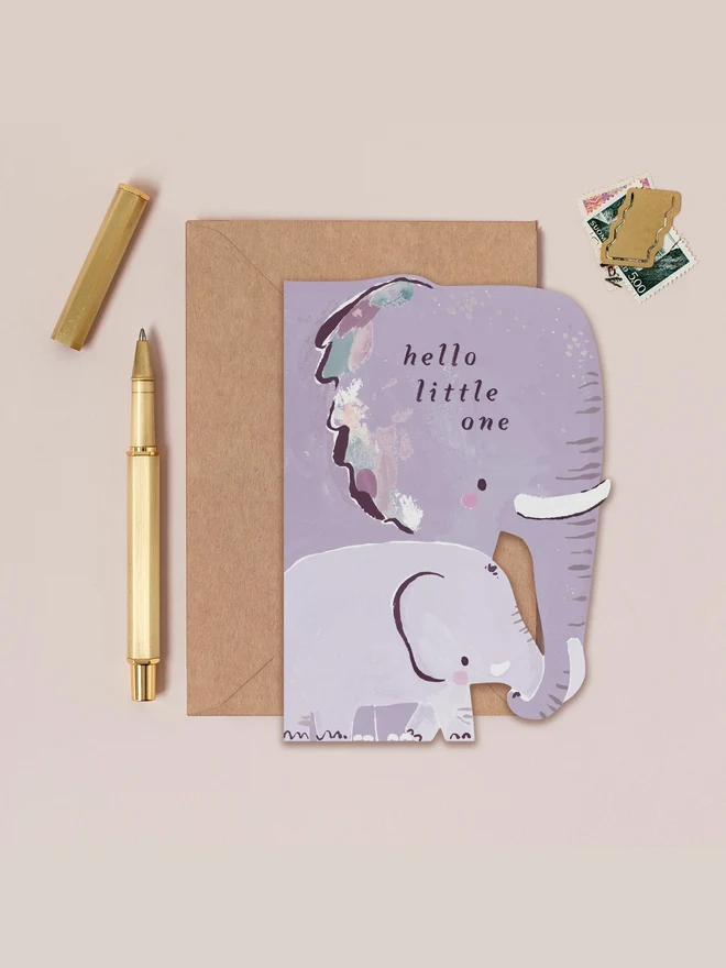 Elephant New Baby Card by Sister Paper Co with a kraft envelope