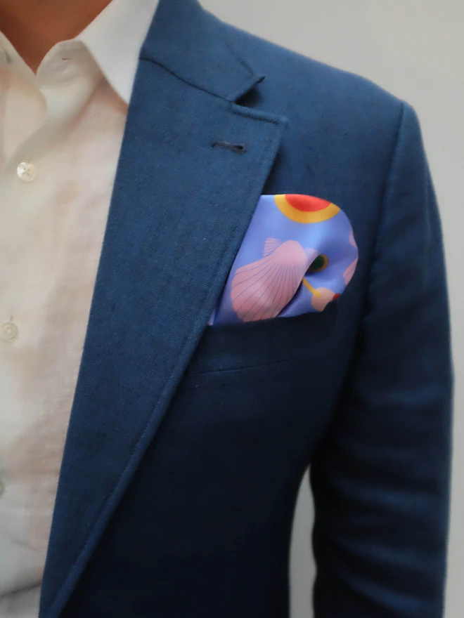 'Sea Shells' Pocket Square in a Blue Suit pocket