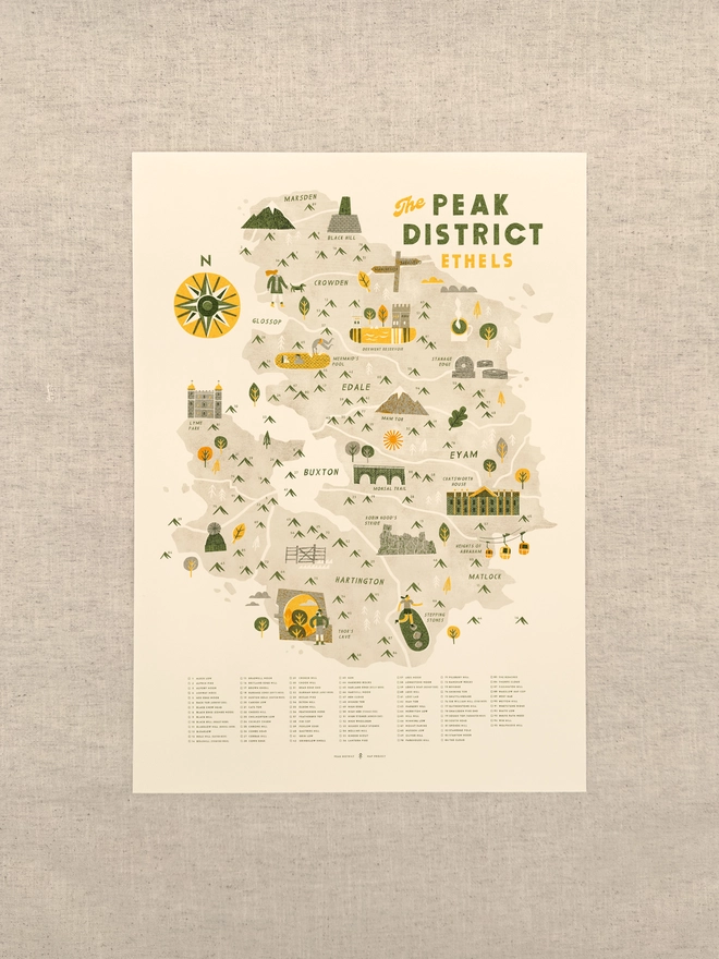 The Peak District Ethels map print, unframed, against a neutral background