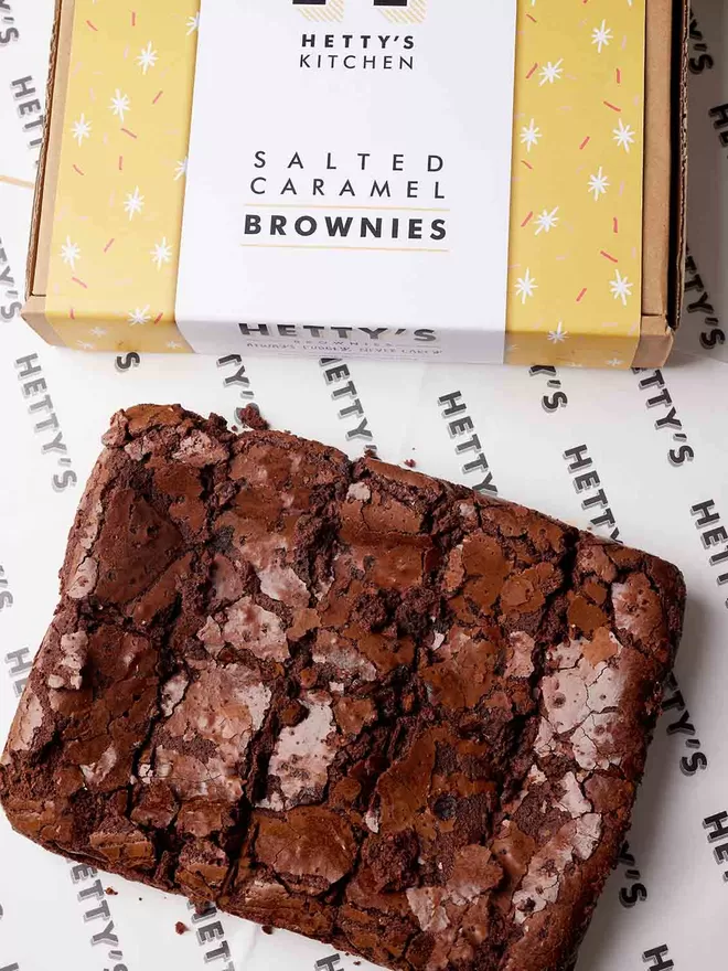 Ten slices of sea salted caramel brownie with branded packaging