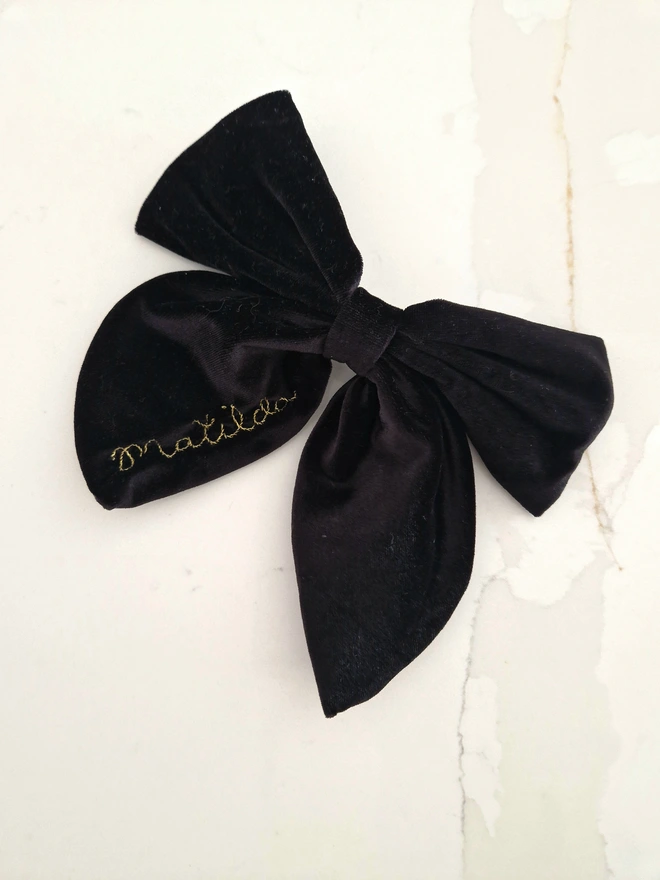 black hand embroidered velvet hair bow clip