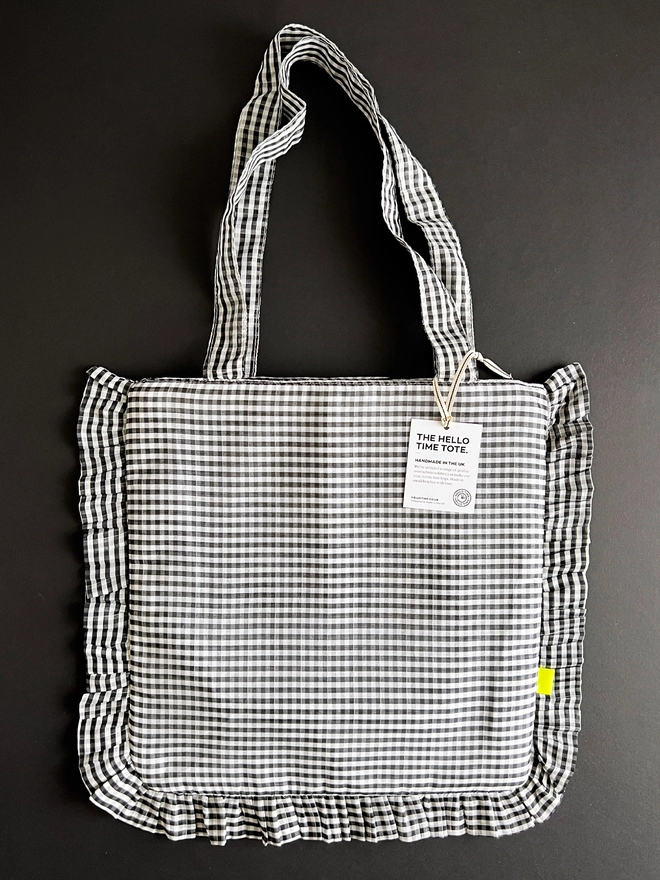 Black and white Gingham tote bag with ruffle edge detail