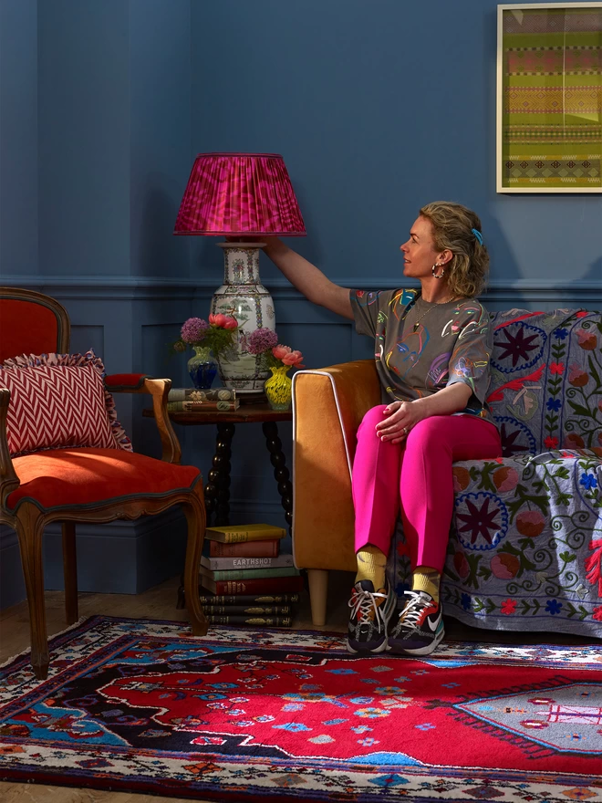 Maximalist Interior Design: Handmade Pink Silk Ikat Lampshade in Blue-Styled Sitting Room