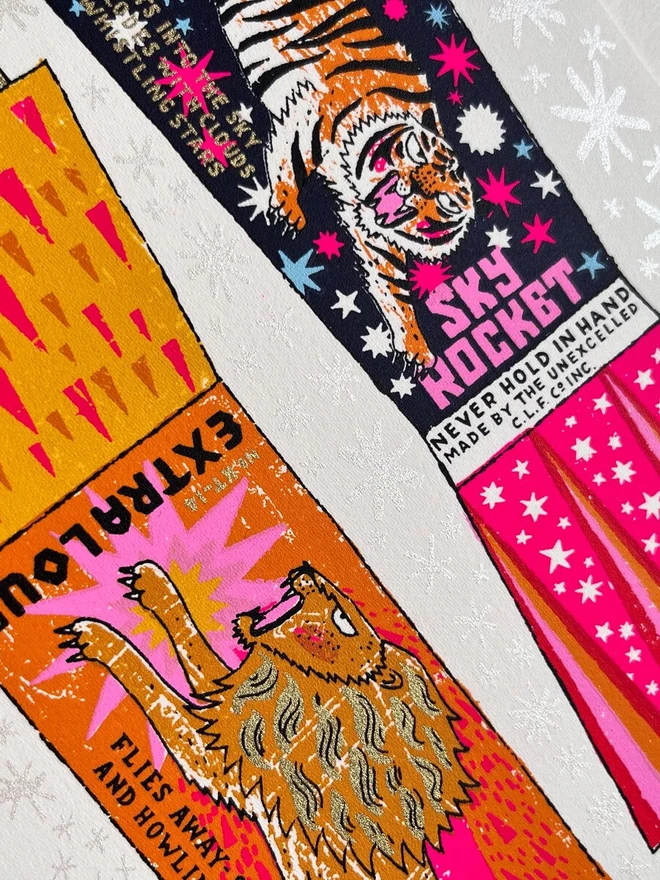 Rocket Fireworks Screenprint Howling Balls Of Fire, a pair of colourful firework designs on a white piece of paper. 