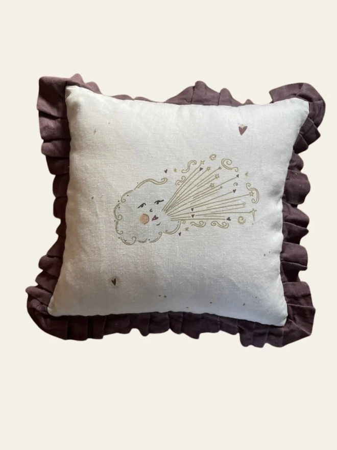 'Love Cloud' Linen Ruffled Cushion Cover, a cushion cover with a cloud motif on it sitting on a plain backdrop. 