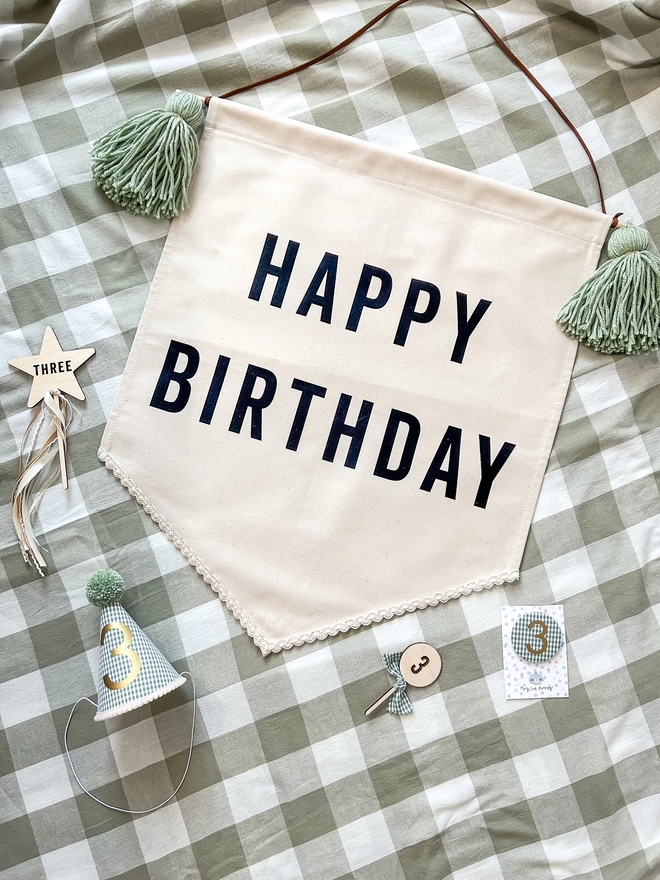 Canvas Happy Birthday Banner with Mint Green Tassels and Green Party Hat, Badge and Cake Toppers