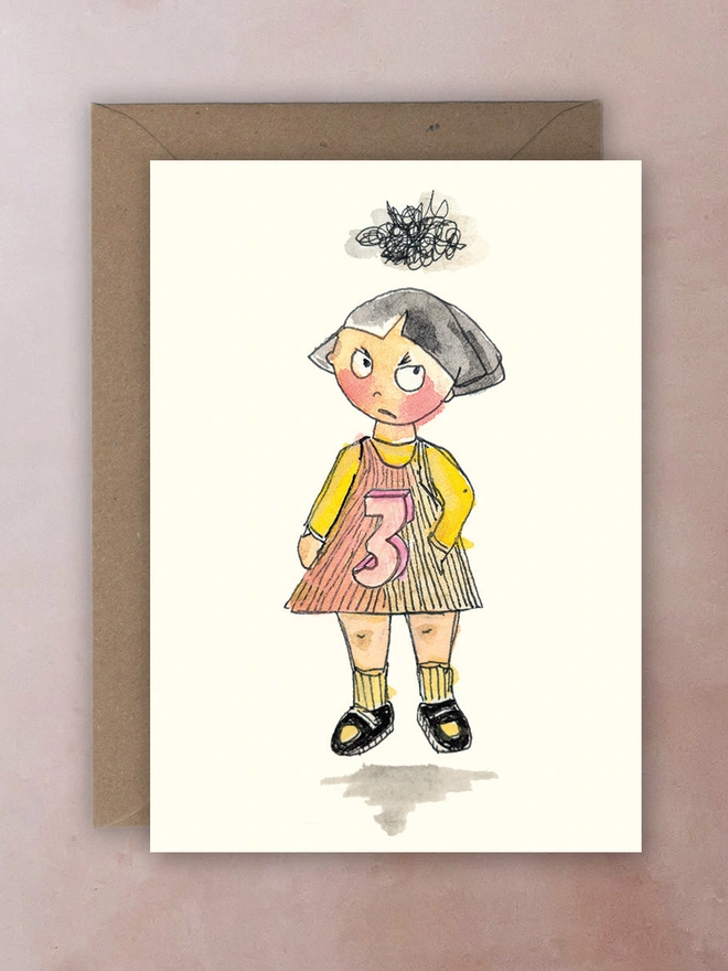 A watercolour of a cross three year old with a storm cloud over her head