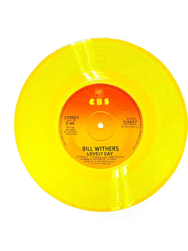 Lovely Day Yellow Vinyl by Bill Withers Screen Print Against a White Background. 