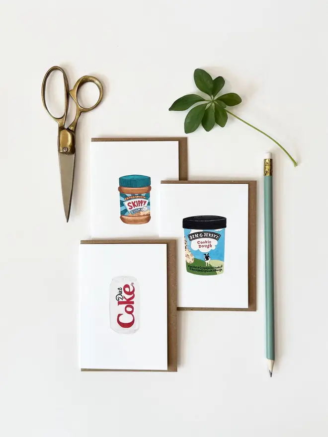 diet coke peanut butter and ice cream mini cards (pack of 3). card set photographed against plain white backdrop.